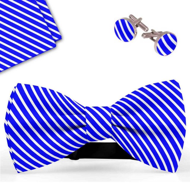 Set papion barbati, batista, butoni, albastru, dungi albe subtiri